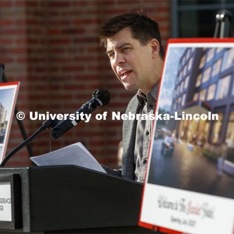 Clint Runge with Archrival describes the new hotel. The Scarlet Hotel name was revealed today to announce the new hotel being built at Nebraska Innovation Campus. The hotel will be home to academic space managed by the University of Nebraska–Lincoln’s College of Education and Human Sciences and will house the Hospitality, Restaurant and Tourism Management program. August 18, 2020. Photo by Craig Chandler / University Communication.