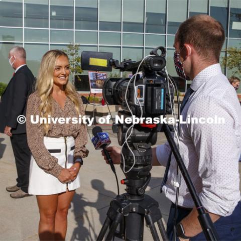 Sydney Long, a senior in the Hospitality, Restaurant and Tourism Management program, is interviewed about great opportunities she has had in the program following the brand reveal. The Scarlet Hotel name was revealed today to announce the new hotel being built at Nebraska Innovation Campus. The hotel will be home to academic space managed by the University of Nebraska–Lincoln’s College of Education and Human Sciences and will house the Hospitality, Restaurant and Tourism Management program. August 18, 2020. Photo by Craig Chandler / University Communication.