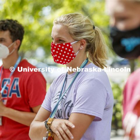 Kaitlyn Fehlhafer of Utica, NE, listens to CASNR Dean Tiffany Heng-Moss talk with students during the Launch. CASNR Launch for new students included a walking tour of East Campus with multiple stops to learn about majors, programs and points of interest like the Dairy Store. August 20, 2020. Photo by Craig Chandler / University Communication.