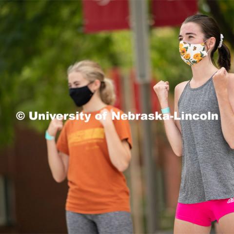 Freshman Victoria Huffman (right) dances during Wellness Fest at Meier Commons. August 22, 2020. Photo by Jordan Opp for University Communication.