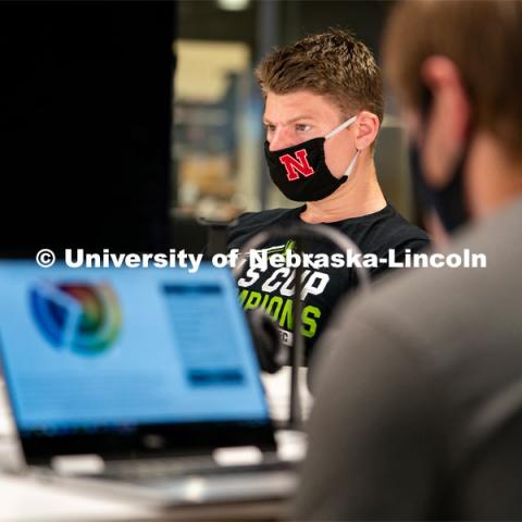 Junior Sports Media and Broadcasting major Peyton Thomas works on homework inside of Andersen Hall during the first day of in-person instruction at the University of Nebraska-Lincoln on Monday, August 24, 2020. Photo by Jordan Opp for University Communication.