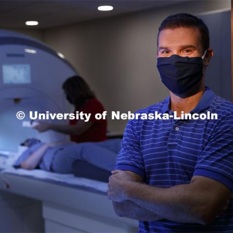 Nebraska’s Tim Nelson has received a new five-year grant to extend research into obesity. One component of it is to test subjects at the Center for Brain, Biology and Behavior by having the test subject in an MRI receiving sips of milkshakes. September 1, 2020. Photo by Craig Chandler / University Communication.