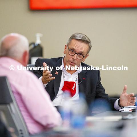 UNL Chancellor Ronnie Green talks with United States Secretary of Agriculture Sonny Perdue, Nebraska Governor Pete Ricketts and Nebraska Congressman Jeff Fortenberry at the Nebraska Agricultural Innovation Panel at Nebraska Innovation Campus. September 4, 2020. Photo by Craig Chandler / University Communication.