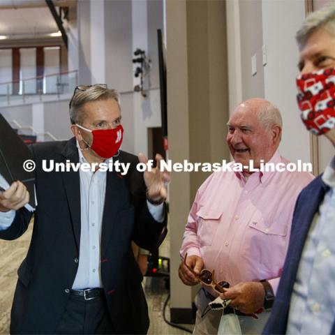 UNL Chancellor Ronnie Green shares 4-H memories with United States Secretary of Agriculture Sonny Perdue and Congressman Jeff Fortenberry at the Nebraska Agricultural Innovation Panel at Nebraska Innovation Campus. September 4, 2020. Photo by Craig Chandler / University Communication.