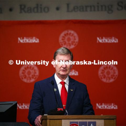 Pictured; NU President, Ted Carter. A press conference announces that the University of Nebraska’s National Strategic Research Institute has been awarded a new five-year, $92 million contract through U.S. Strategic Command. The grant allows the institute to continue research into national security and defense. September 15, 2020. Photo by Craig Chandler / University Communication.