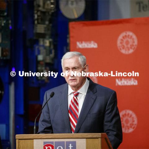 Robert Hinson, USAF, Lt. Gen (Ret) speaks at the press conference announcing that the University of Nebraska’s National Strategic Research Institute has been awarded a new five-year, $92 million contract through U.S. Strategic Command. The grant allows the institute to continue research into national security and defense. September 15, 2020. Photo by Craig Chandler / University Communication.
