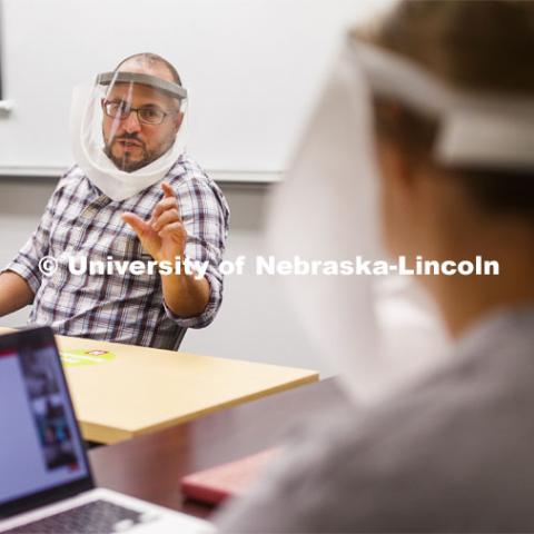 Jordan Soliz teaches his Social Identity and Intergroup Communication course. All those in the class wear special face shields to aid a hearing-impaired student. September 23, 2020. Photo by Craig Chandler / University Communication.