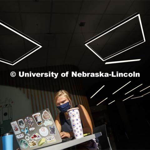 Alexandra Schroder, a senior in Nutritional Science and Dietetics from Holdrege, Nebraska, studies in the newly renovated Nebraska East Union on East Campus. September 25, 2020. Photo by Craig Chandler / University Communication.