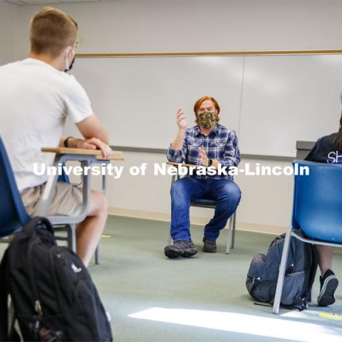 Tyler White, associate professor of practice in political science, teaches his Introduction to National Security class Monday afternoon. White, who has worked at the University of Nebraska–Lincoln for ten years this fall, is one of nearly 1,000 faculty and staff members being recognized during this year's Service Awards. October 12, 2020.  Photo by Craig Chandler / University Communication.