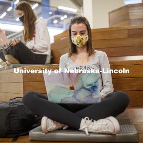 Students inside the remodeled Nebraska East Union. East Campus photo shoot. October 13, 2020. Photo by Craig Chandler / University Communication.