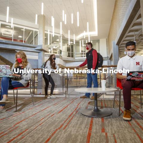 Students studying inside the remodeled Nebraska East Union. East Campus photo shoot. October 13, 2020. Photo by Craig Chandler / University Communication.