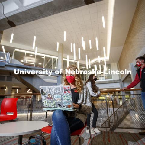Students studying inside the remodeled Nebraska East Union. East Campus photo shoot. October 13, 2020. Photo by Craig Chandler / University Communication.