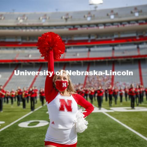 Cornhusker Marching Band, Cheer Squad and Homecoming Royalty met in the empty Memorial Stadium to record performances that will air during Husker football games on the Big 10 Network during the upcoming season. October 18, 2020. Photo by Craig Chandler / University Communication.