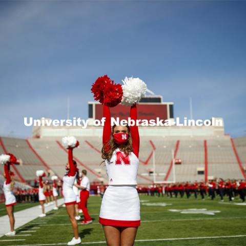 Cornhusker Marching Band, Cheer Squad and Homecoming Royalty met in the empty Memorial Stadium to record performances that will air during Husker football games on the Big 10 Network during the upcoming season. October 18, 2020. Photo by Craig Chandler / University Communication.