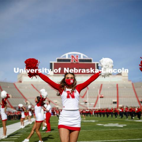 Cornhusker Marching Band, Cheer Squad and Homecoming Royalty met in the empty Memorial Stadium to record performances that will air during Husker football games on the Big 10 Network during the upcoming season. October 18, 2020. Photo by Craig Chandler / University Communication.