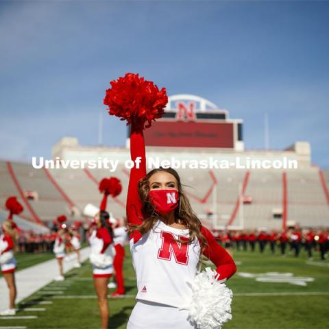 Cornhusker Marching Band, Cheer Squad and Homecoming Royalty met in the empty Memorial Stadium to record performances that will air during Husker football games on the Big 10 Network during the upcoming season. October 18, 2020. Photo by Craig Chandler / University Communication.