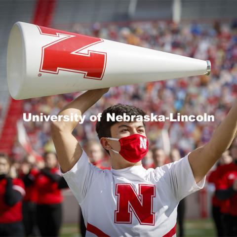 Cornhusker Marching Band, Cheer Squad and Homecoming Royalty met in the empty Memorial Stadium to record performances that will air during Husker football games on the Big 10 Network during the upcoming season. October 18, 2020. Photo by Craig Chandler / University Communication.