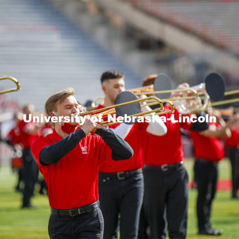 Cornhusker Marching Band, Cheer Squad and Homecoming Royalty met in the empty Memorial Stadium to record performances that will air during Husker football games on the Big 10 Network during the upcoming season. October 18, 2020. Photo by Craig Chandler / University Communication.