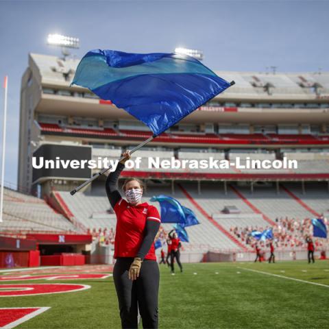 Cornhusker Marching Band, Cheer Squad and Homecoming Royalty met in the empty Memorial Stadium to record performances that will air during Husker football games on the Big 10 Network during the upcoming season. October 18, 2020. Photo by Craig Chandler / University Communication.