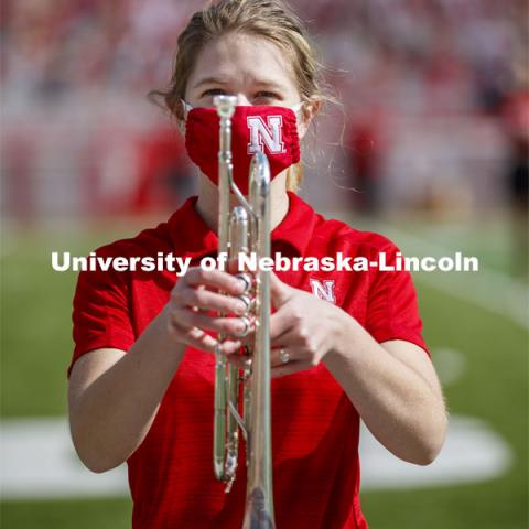 Cornhusker Marching Band, Cheer Squad and Homecoming Royalty met in the empty Memorial Stadium to record performances that will air during Husker football games on the Big 10 Network during the upcoming season. October 18, 2020. Photo by Craig Chandler / University Communication.