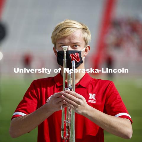 Cornhusker Marching Band, Cheer Squad and Homecoming Royalty met in the empty Memorial Stadium to record performances that will air during Husker football games on the Big 10 Network during the upcoming season. October 18, 2020. Photo by Craig Chandler / University Communication.