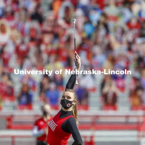 Cornhusker Marching Band, Cheer Squad and Homecoming Royalty met in the empty Memorial Stadium to record performances that will air during Husker football games on the Big 10 Network during the upcoming season. October 18, 2020. Photo by Craig Chandler / University Communication.