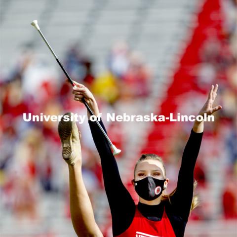 Cornhusker Marching Band, Cheer Squad and Homecoming Royalty met in the empty Memorial Stadium to record performances that will air during Husker football games on the Big 10 Network during the upcoming season. October 18, 2020. Photo by Craig Chandler / University Communication.