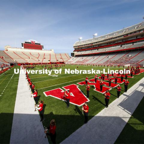 Cornhusker Marching Band, Cheer Squad and Homecoming Royalty met in the empty Memorial Stadium to record performances that will air during Husker football games on the Big 10 Network during the upcoming season. October 18, 2020. Photo by Craig Chandler / University Communication.