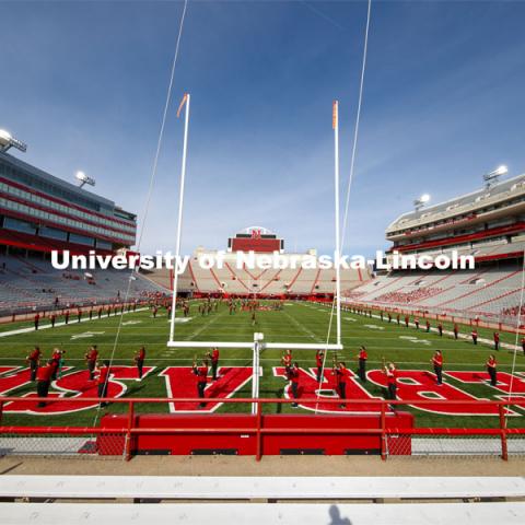 Cornhusker Marching Band, Cheer Squad and Homecoming Royalty met in the empty Memorial Stadium to record performances that will air during Husker football games on the Big 10 Network during the upcoming season. October 18, 2020. Photo by Craig Chandler / University Communication.