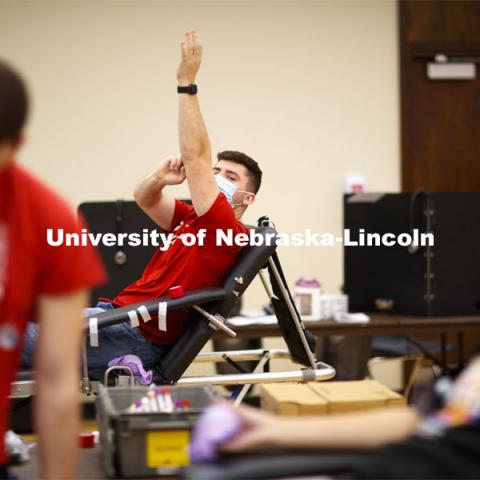 Students donate in the Homecoming Blood Drive in the Nebraska Union ballroom on city campus. October 27, 2020. Photo by Craig Chandler / University Communication.