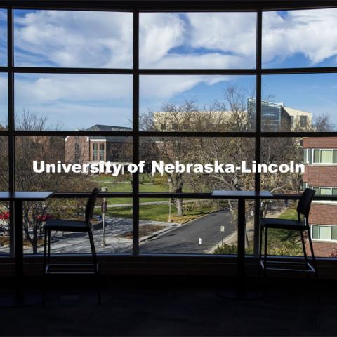 Looking out the window of the Gaughan Center on City Campus. November 4, 2020. Photo by Craig Chandler / University Communication.