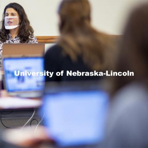 Loukia Sarroub teaches her TEAC 438/838 Linguistics in Learning and Language Contexts class in the Gaughan Center. November 4, 2020. Photo by Craig Chandler / University Communication.