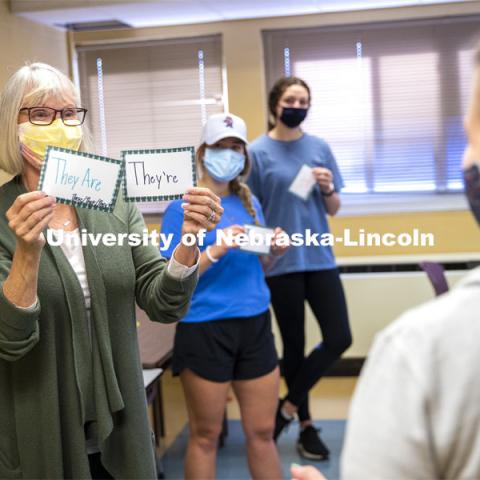 Students in Barbara Terwilliger’s Health and Wellness in the Elementary Classroom course do “energizers” demonstrations. Energizers in the classroom help young students learn while moving around. November 4, 2020. Photo by Craig Chandler / University Communication.