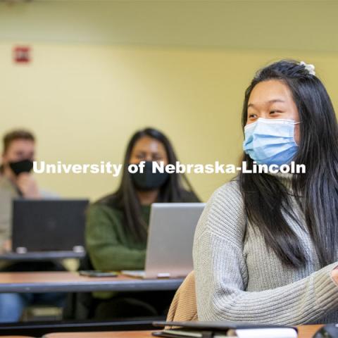 A student interacts with Professor Crystal Garcia during the CEHS Educational Administration class: College Students in America. November 10, 2020. Photo by Craig Chandler / University Communication.