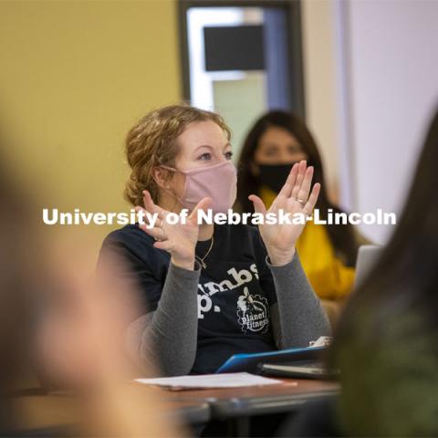 A student interacts with Professor Crystal Garcia during the CEHS Educational Administration class: College Students in America. November 10, 2020. Photo by Craig Chandler / University Communication.