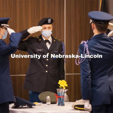 ROTC Cadets perform a POW/MIA ceremony before the National Roll Call. The University of Nebraska–Lincoln joined campuses nationwide in a moment of silence at 1 p.m. on Veterans Day, to honor American men and women who died in service to their country. The moment of silence is part of National Roll Call 2020, a Veterans Day remembrance. This year, ROTC also did a POW/MIA ceremony before the National Roll Call. November 11, 2020. Photo by Craig Chandler / University Communication.
