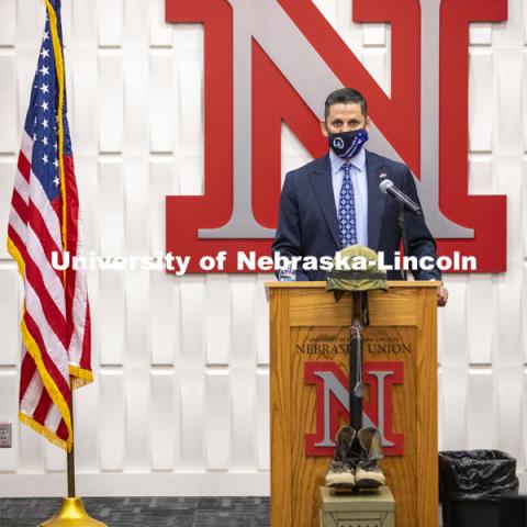 Joe Brownell, Director of the Military and Veteran Success Center, begins the roll call by reading the names of Nebraskans killed in World War 1. Volunteers read the names of nearly 5,000 Nebraskans who have perished in wars since World War I. The University of Nebraska–Lincoln joined campuses nationwide in a moment of silence at 1 p.m. on Veterans Day, to honor American men and women who died in service to their country. The moment of silence is part of National Roll Call 2020, a Veterans Day remembrance. This year, ROTC also did a POW/MIA ceremony before the National Roll Call. November 11, 2020. Photo by Craig Chandler / University Communication.