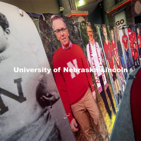 Chancellor Ronnie Green is in great company in the tunnel walk with George Flippin (left) and Ronnie’s wife, Jane, are among the nearly 180 full-sized fan cutouts that line the Tunnel Walk carpet in North Stadium. Flippin was the first Black University of Nebraska football player (1891-1894). More than 6,000 corrugated plastic cutouts fill the lower level of east stadium, the tunnel walk, and part of north stadium to remind the Huskers who has the Greatest Fans in College Football. November 12, 2020. Photo by Craig Chandler / University Communication.