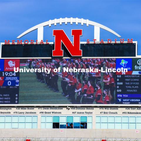 With no one in attendance except for family of the players and staff, the Cornhusker Marching Band’s pregame was recorded last month and played over the scoreboard and speakers. Nebraska v. Penn State football.  November 14, 2020.  Photo by Craig Chandler / University Communication.
