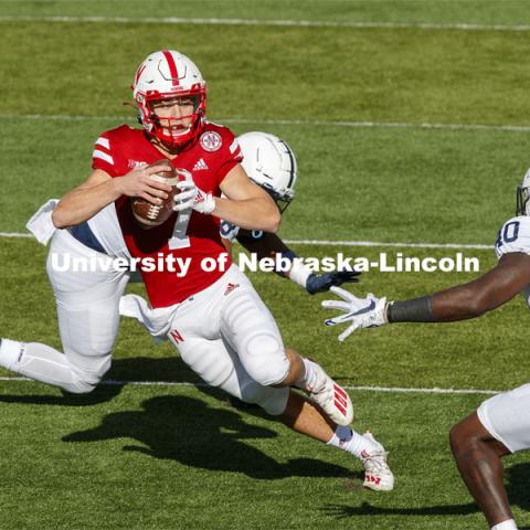 Luke McCaffrey cuts between the Penn State defense. Nebraska v. Penn State football. November 14, 2020. Photo by Craig Chandler / University Communication.