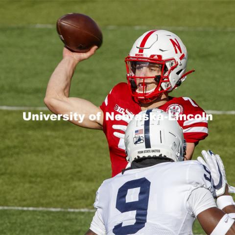 Luke McCaffrey passes in the first quarter. Nebraska v. Penn State football. November 14, 2020. Photo by Craig Chandler / University Communication.