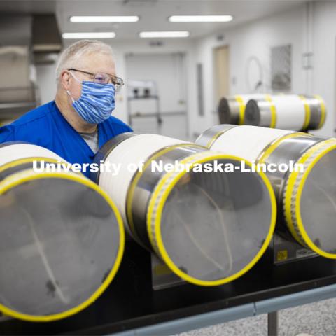 Robert Schmaltz, manager of the Gnotobiotic Mouse Facility, uses an autoclave to sterilize supply cylinders containing food and bedding for the mice. Photos of the new Gnotobiotic Mouse Facility - Nebraska Food for Health Center. November 19, 2020. Photo by Craig Chandler / University Communication.