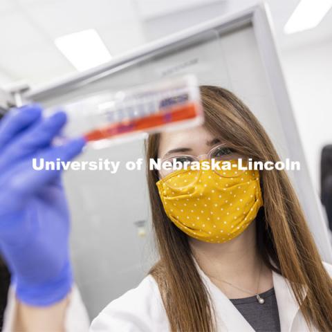 Ashley Toney looks over a sample in the Nebraska Food for Health Center lab. November 19, 2020. Photo by Craig Chandler / University Communication.