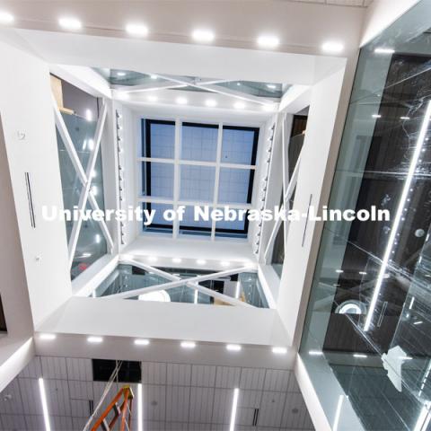 Looking up through the atrium of the library. Tour of remodeled C.Y. Thompson Library on East Campus. November 23, 2020. Photo by Craig Chandler / University Communication.



