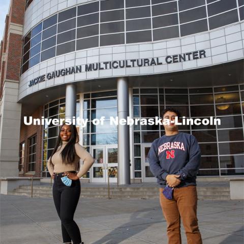 Unyoh Mbilain and Fernando Wisniewski-Pena in front of the Jackie Gaughan Multicultural Center. Photo for NU Foundation Pride of Place Magazine. November 20, 2020. Photo by Craig Chandler / University Communication.