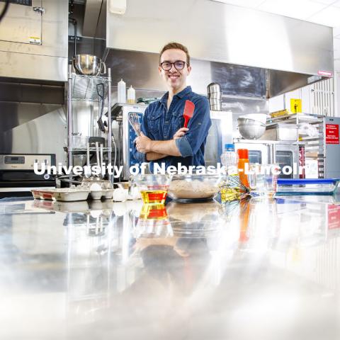 William Wilton, a sophomore in Child, Youth and Family Studies, in the Leverton Hall kitchen. Photo for NU Foundation Pride of Place Magazine. November 23, 2020. Photo by Craig Chandler / University Communication.