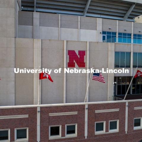 Flags on the East Stadium. American and Husker flags. December 1, 2020. Photo by Craig Chandler / University Communication.