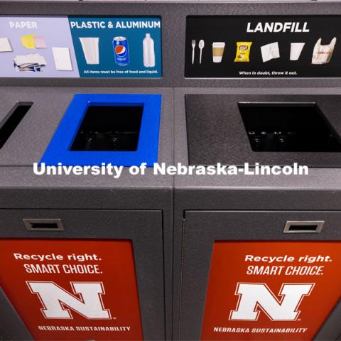 The Office of Sustainability is installing the new recycling stations in eight pilot buildings on all three campuses during break. December 1, 2020. Photo by Craig Chandler / University Communication.