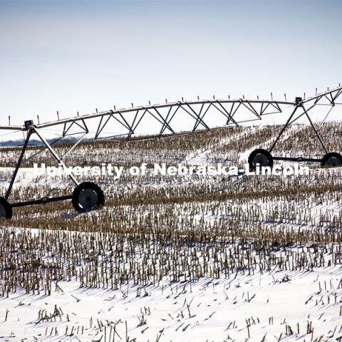 Snowy center pivot amidst the corn stubble in Lancaster County. January 2, 2021. Photo by Craig Chandler / University Communication.