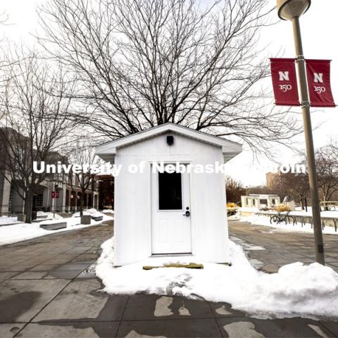 Testing pod by Nebraska Union. Pods are springing up on campus for the new saliva-based COVID tests all students, faculty and staff on campus will do this semester. January 5, 2021. Photo by Craig Chandler / University Communication.